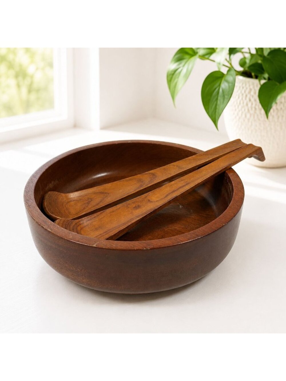 Mid-Century Modern Teak Wood Salad Bowl With Serving Utensils 9" Diameter